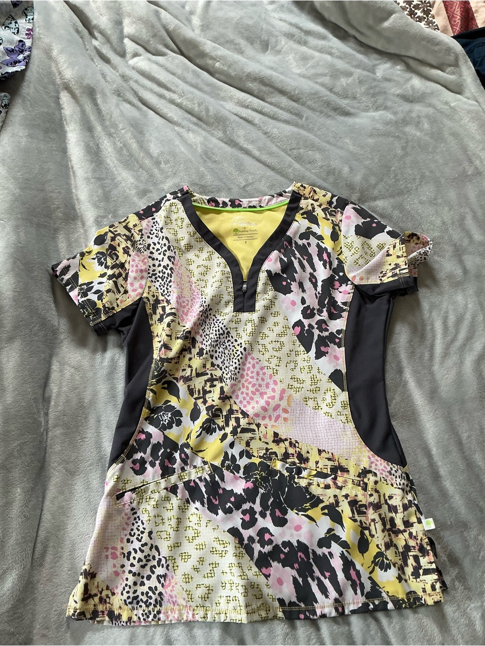 Premier Mixed Print Scrub Top in Yellow, Black, Pink
